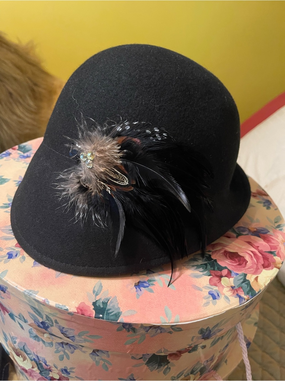Black Felt Women's Cloche Hat with Feather Accent